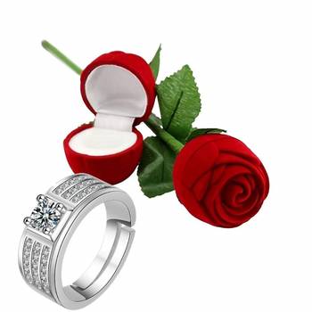 Silver Plated CZ American Diamond Adjustable Finger Ring with Red Rose Gift Box For Men (S001-FL164CO) 1