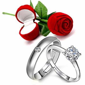 Gift Hamper of CZ Silver Plated Adjustable Finger Ring with Red Rose Gift Box For Love (S001-FL158CO) 1
