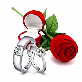 Platinum Plated CZ Adjustable Couple Finger Rings With Red Rose Gift Box for For Love  1