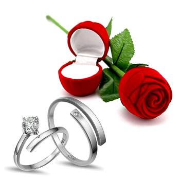 Platinum Plated CZ Adjustable Couple Finger Rings With Red Rose Gift Box for For Love  1