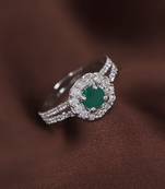 Valentine's  Silver Plated Elegant Emerald Stone Studded CZ American Diamond Adjustable Finger Ring