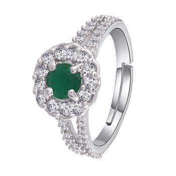 Valentine's  Silver Plated Elegant Emerald Stone Studded CZ American Diamond Adjustable Finger Ring 2