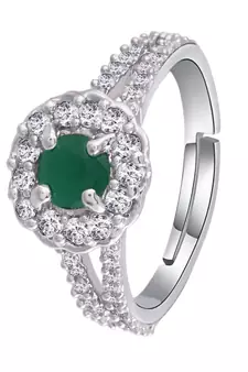 Valentine's  Silver Plated Elegant Emerald Stone Studded CZ American Diamond Adjustable Finger Ring