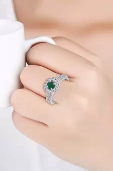 Valentine's  Silver Plated Elegant Emerald Stone Studded CZ American Diamond Adjustable Finger Ring