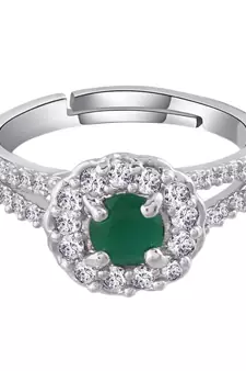 Valentine's  Silver Plated Elegant Emerald Stone Studded CZ American Diamond Adjustable Finger Ring