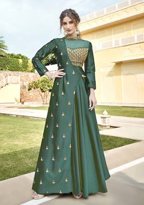 Green embroidered silk heavy-work-kurtis 1