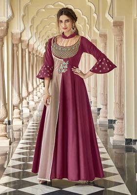 Magenta embroidered silk heavy-work-kurtis 1
