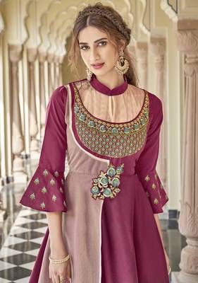 Magenta embroidered silk heavy-work-kurtis 3