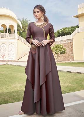 Brown embroidered silk heavy-work-kurtis 1