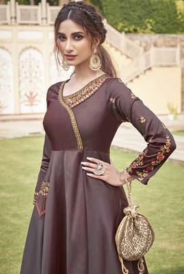 Brown embroidered silk heavy-work-kurtis 2