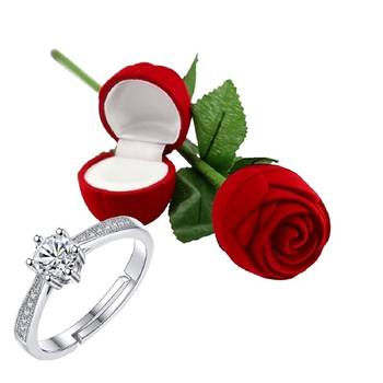 Silver Plated CZ American Diamond Adjustable Finger Ring with Red Rose Gift Box For Women/Girls  3