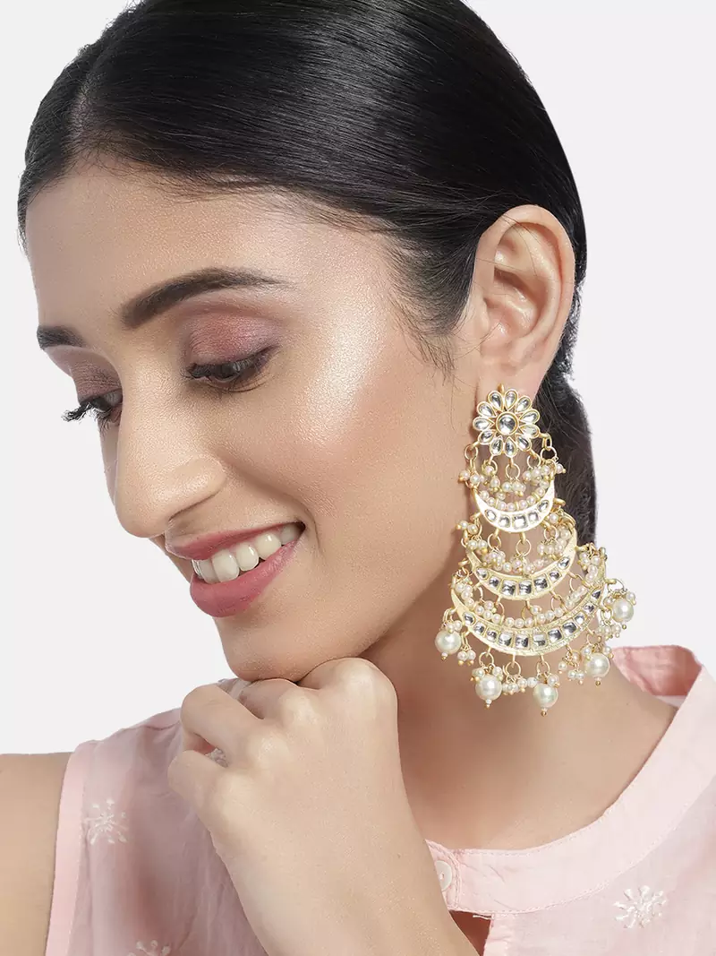 18k High Gold Matt Finish Plated Long 3 Layered Beaded Chandbali Earrings with Kundan & Pearl Work for Women (E2859)