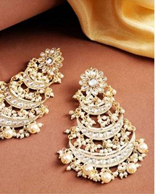High Matt Finish Long 3 Layered Beaded Chandbali Earrings with Kundan & Pearl Work for Women  4