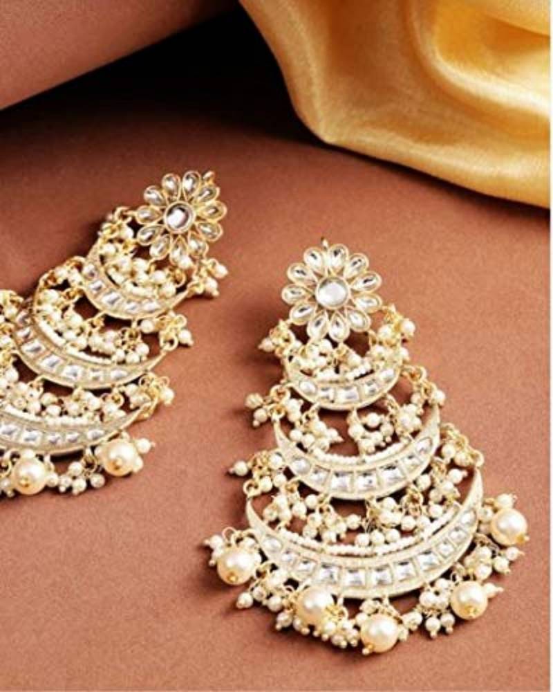 High Matt Finish Long 3 Layered Beaded Chandbali Earrings with Kundan & Pearl Work for Women 