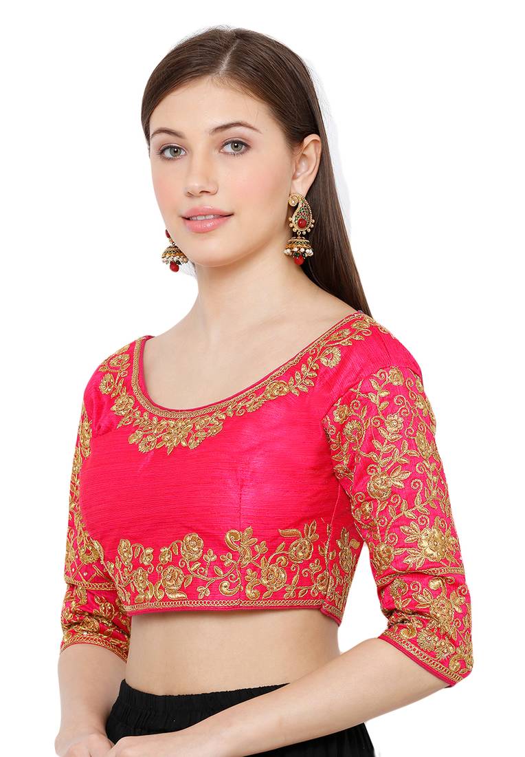 Salwar Studio Women's Pink Silk Blend Readymade Saree Blouse Om