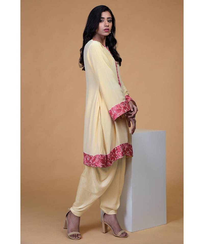 Beige Rose Parsi Gara Hand Embroidered Kurta Set