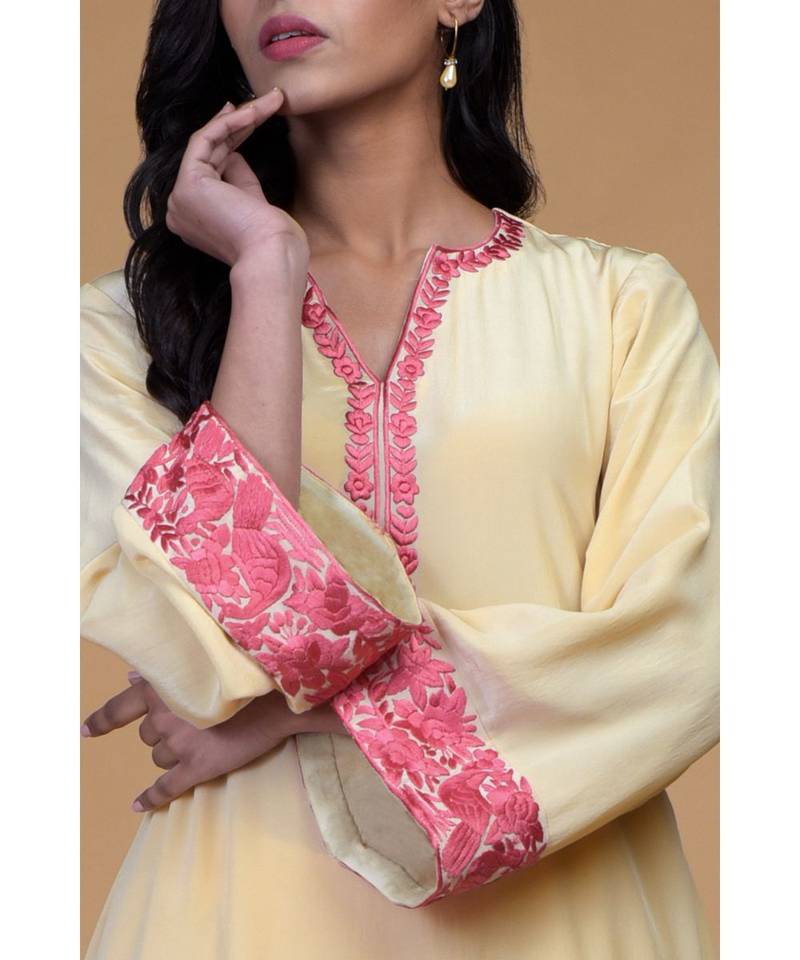 Beige Rose Parsi Gara Hand Embroidered Kurta Set