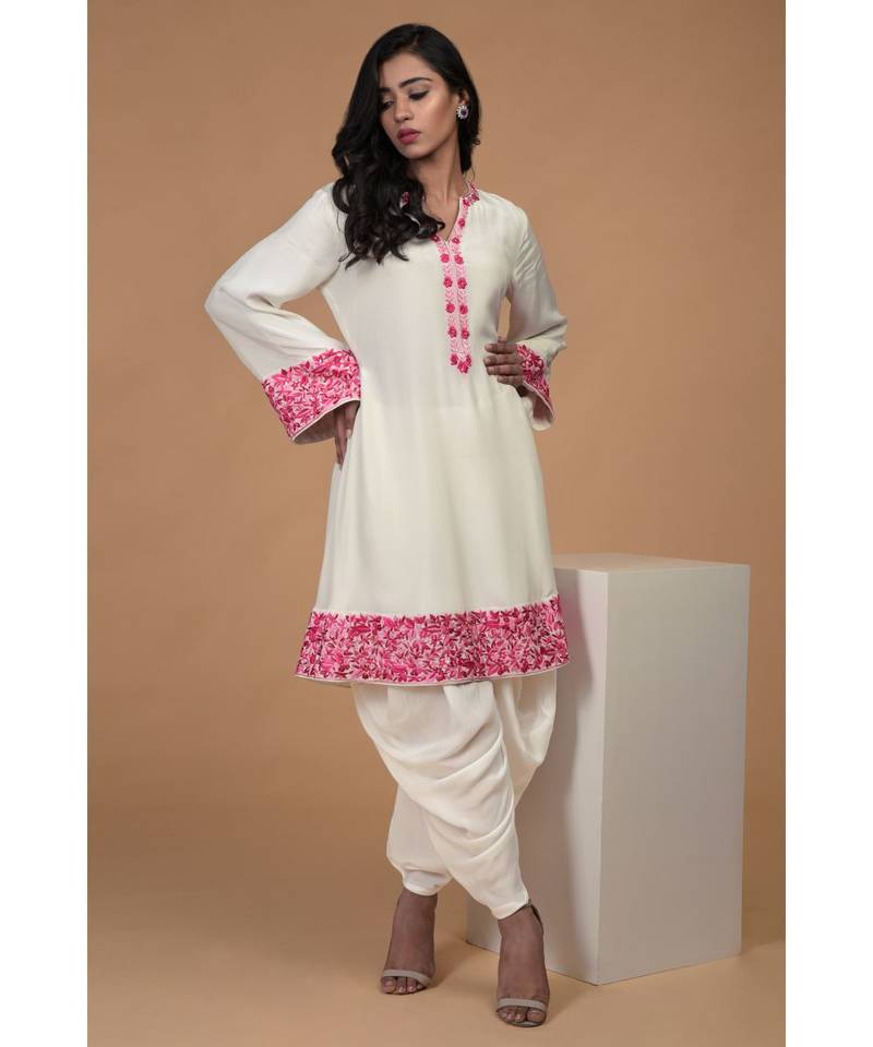 Ivory Pink Parsi Gara & Beads Hand Embroidered Kurta Set