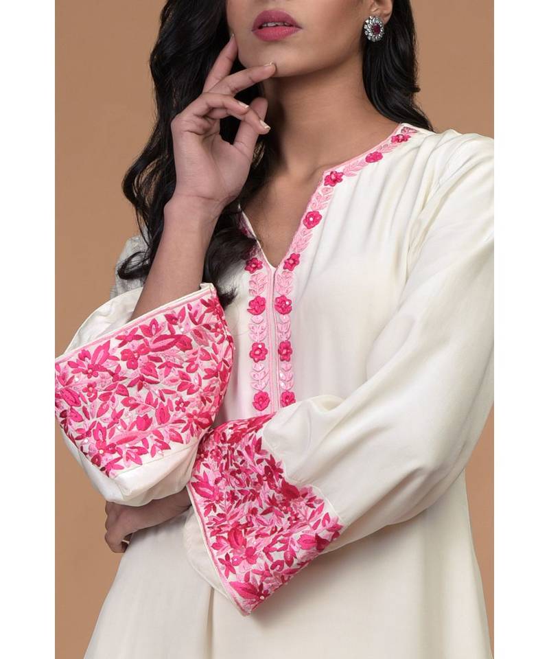 Ivory Pink Parsi Gara & Beads Hand Embroidered Kurta Set