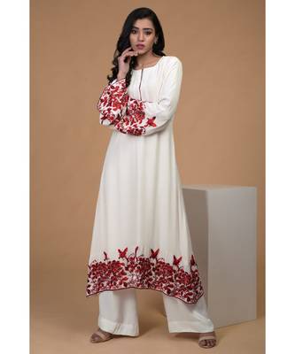 Ivory Red Parsi Gara Hand Embroidered Kurta Set 1