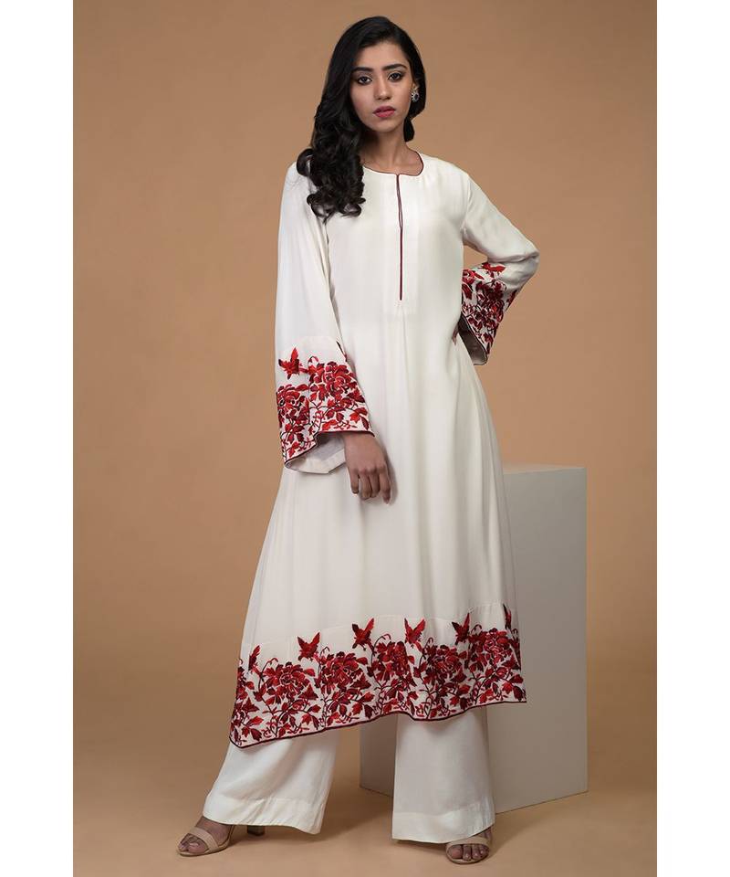 Ivory Red Parsi Gara Hand Embroidered Kurta Set