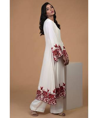 Ivory Red Parsi Gara Hand Embroidered Kurta Set 5