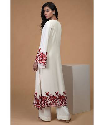 Ivory Red Parsi Gara Hand Embroidered Kurta Set 6