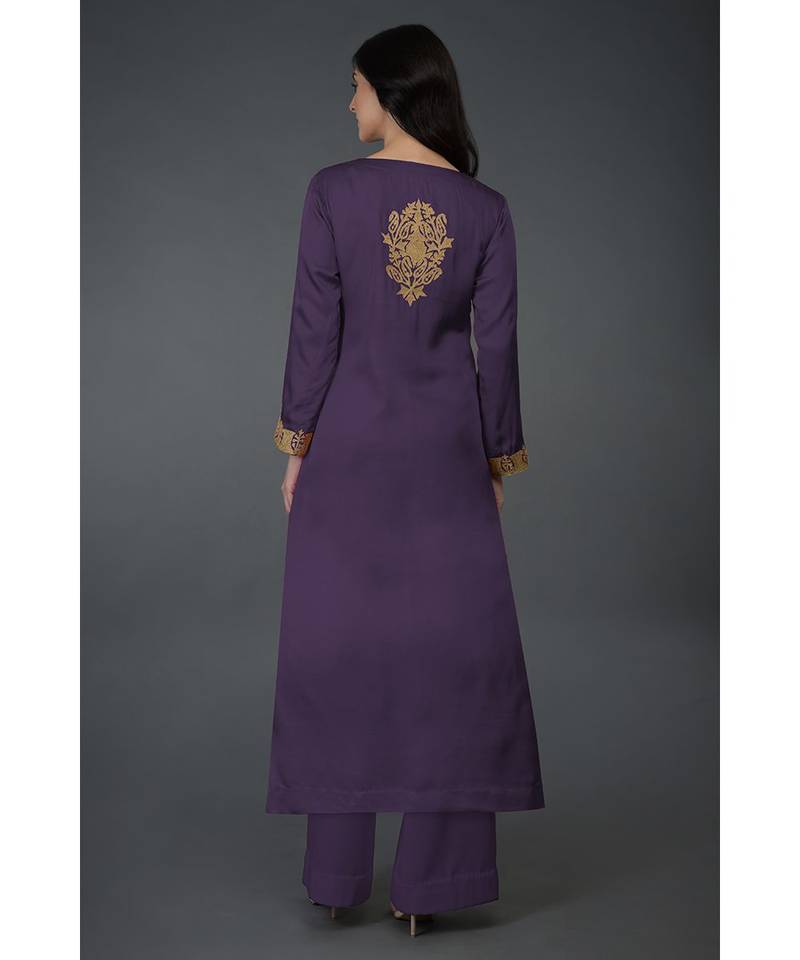 Mulled Grape Kashmiri Tilla Embroidered Kurta Set