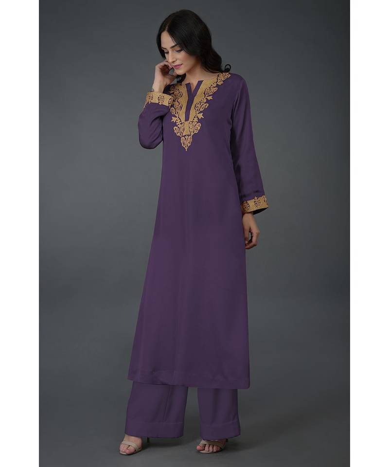 Mulled Grape Kashmiri Tilla Embroidered Kurta Set