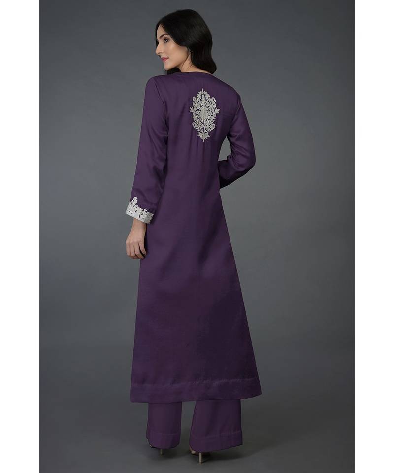 Mulled Grape Kashmiri Tilla Embroidered Kurta Set