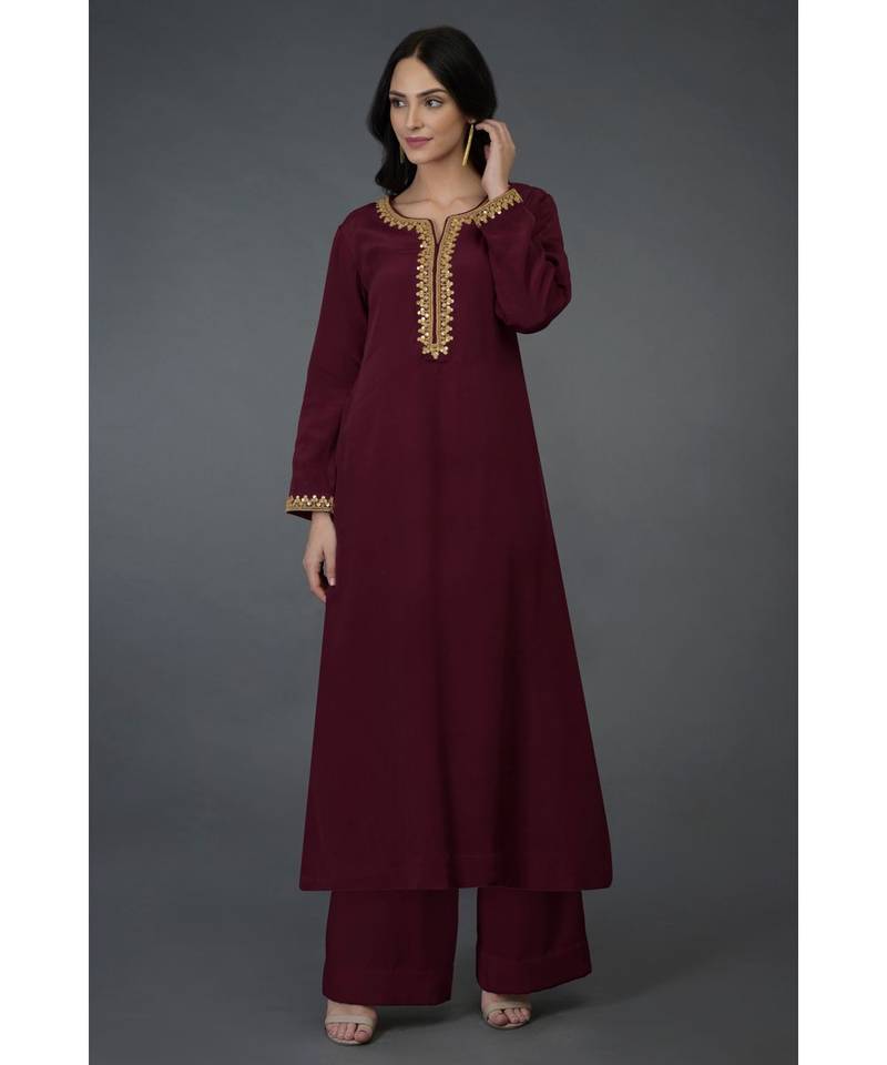 Burgundy Marori & Sequin Embroidered Kurta Set