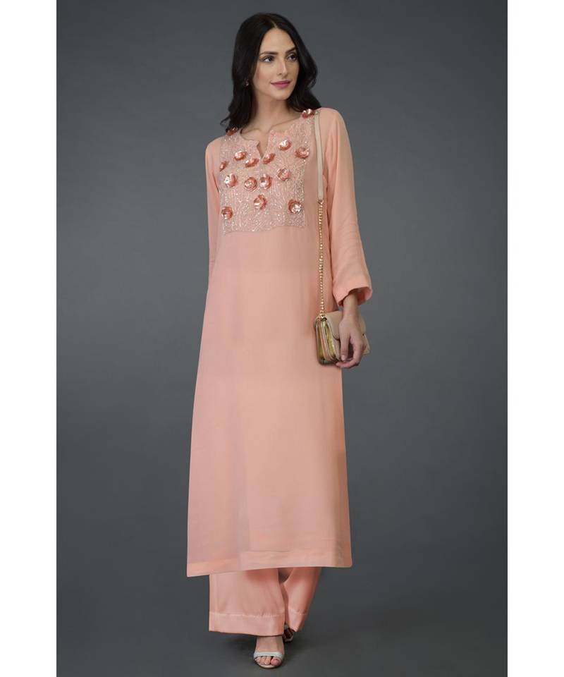 Peach Floral Embroidered Kurta Set