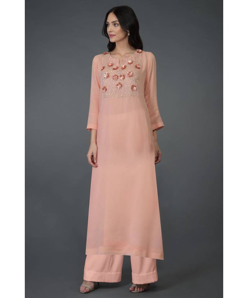 Peach Floral Embroidered Kurta Set