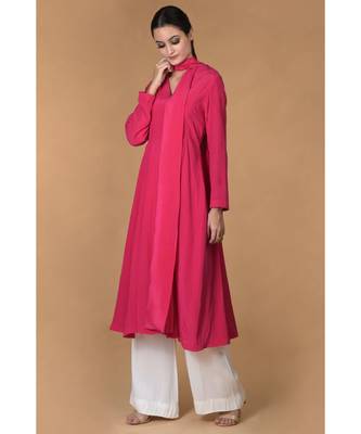 Hot Pink Scarf Neck Pleated Pure Crepe Kurta Set 4