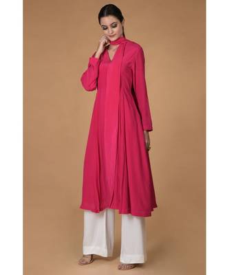 Hot Pink Scarf Neck Pleated Pure Crepe Kurta Set 5