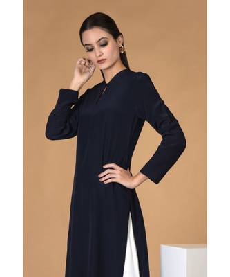 Navy Blue Pure Crepe Seamless Keyhole Neckline Kurta Set 5