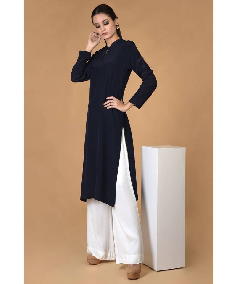 Navy Blue Pure Crepe Seamless Keyhole Neckline Kurta Set