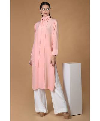 Tickled Pink Pure Crepe Scarf Neck Kurta Set 1