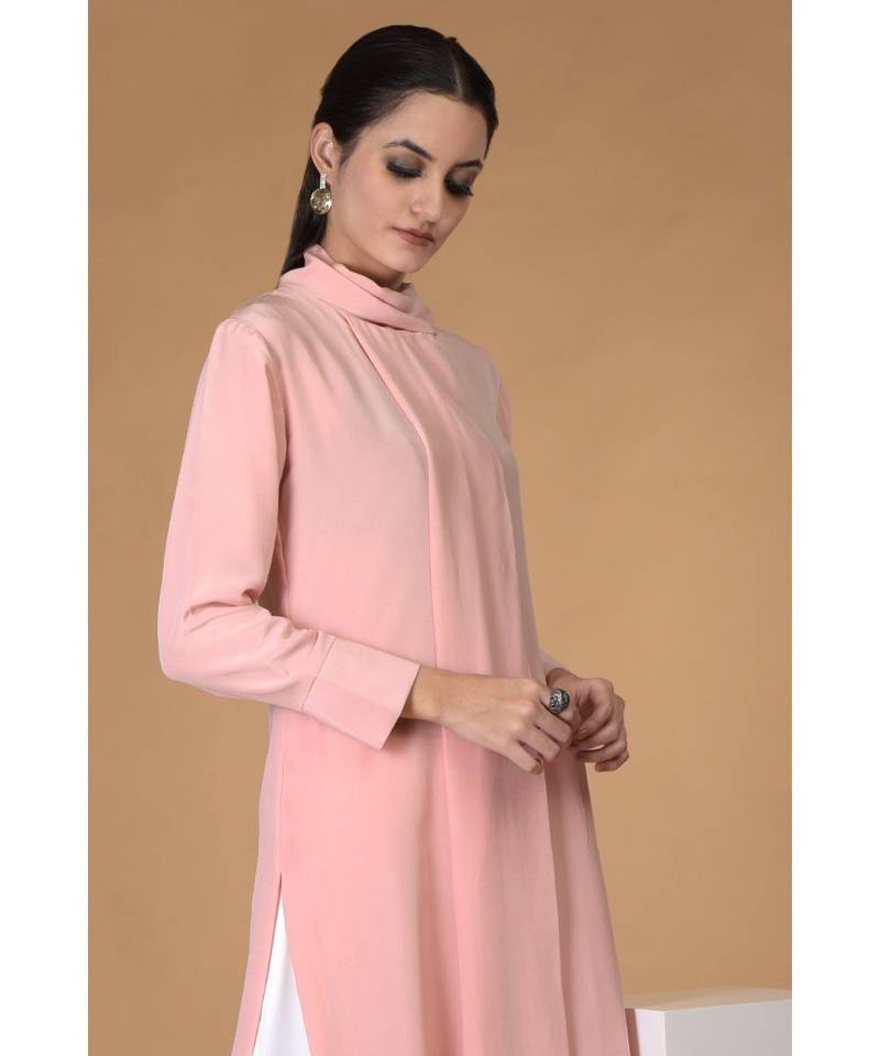 Tickled Pink Pure Crepe Scarf Neck Kurta Set