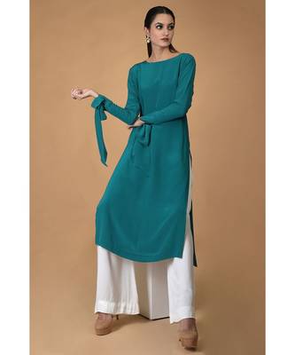 Teal Pure Crepe Bow-Tie Sleeves Kurta Set 1
