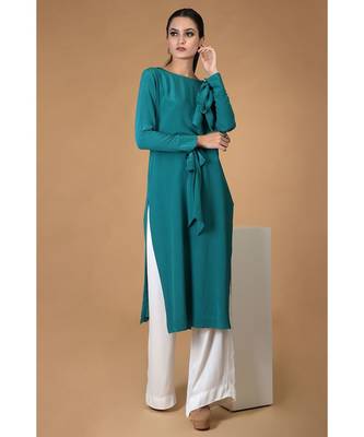 Teal Pure Crepe Bow-Tie Sleeves Kurta Set 2