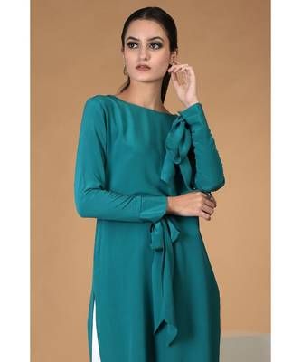 Teal Pure Crepe Bow-Tie Sleeves Kurta Set 3