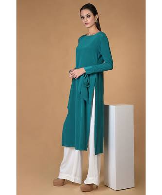 Teal Pure Crepe Bow-Tie Sleeves Kurta Set 4