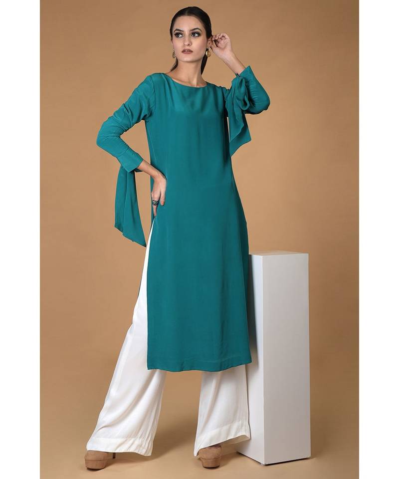 Teal Pure Crepe Bow-Tie Sleeves Kurta Set