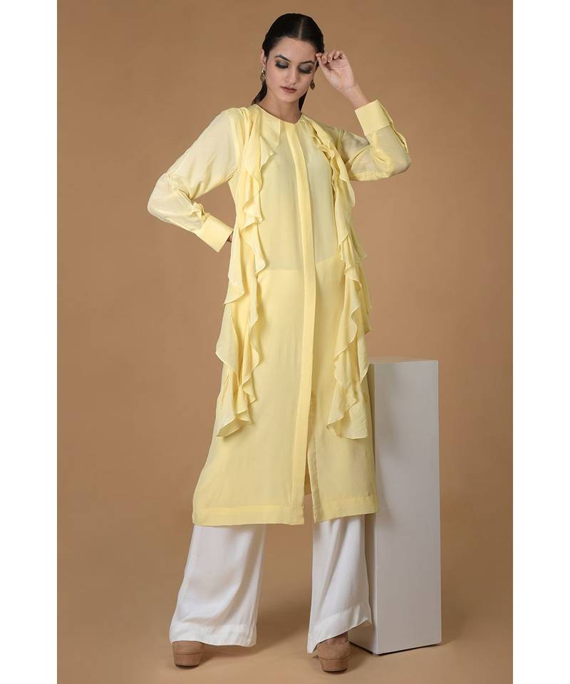 Lemon Sprig Frilled Scarf Pure Crepe Kurta Set