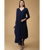 Navy Blue Pure Silk Overlap Kurta Set With Dupatta