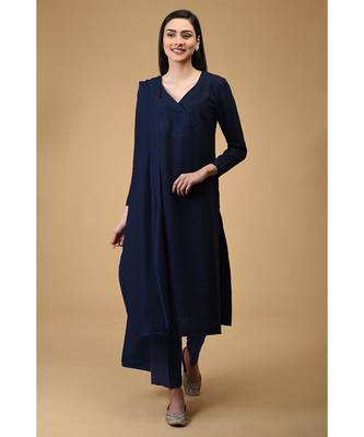 Navy Blue Pure Silk Overlap Kurta Set With Dupatta 2