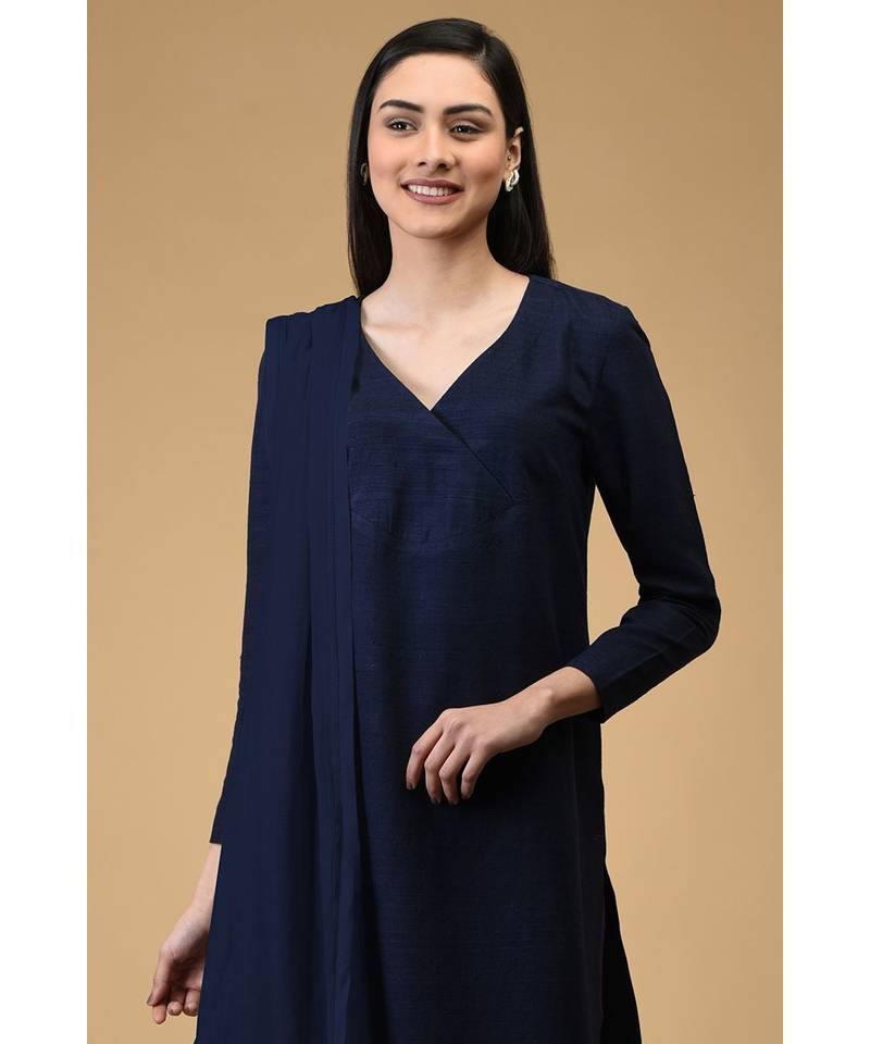 Navy Blue Pure Silk Overlap Kurta Set With Dupatta