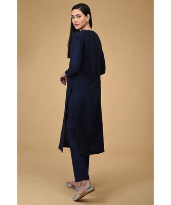 Navy Blue Pure Silk Overlap Kurta Set With Dupatta 5