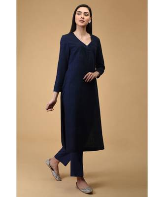 Navy Blue Pure Silk Overlap Kurta Set With Dupatta 6